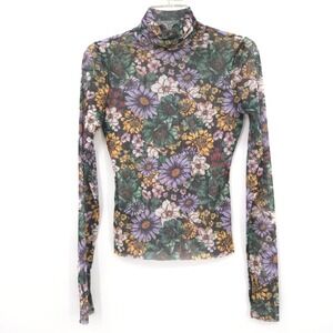 AFRM Zadie Mesh Turtleneck Top Womens Small Multicolor Floral Long Sleeve Sheer